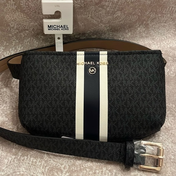 Brand New Michael Kors Center Stripe Belt Bag Zippered Fanny Pack Black & Blue main image 6